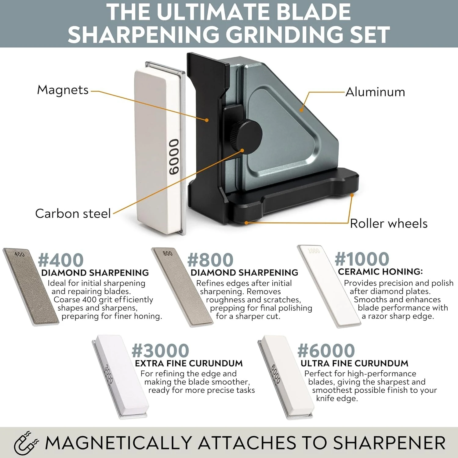 

ORIGINAL ADJUSTABLE ROLLING KNIFE SHARPENER KIT: Adjustable Height,30 Angle Options,5 Removeable Whetstone Plates,Leather Strop