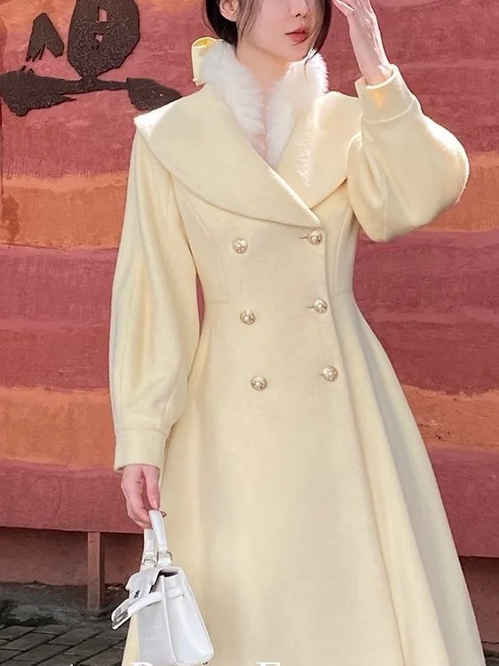 

Шерстяное пальто больших размеров с большим воротником, длинными рукавами, двубортное, однотонное, весенняя новинка