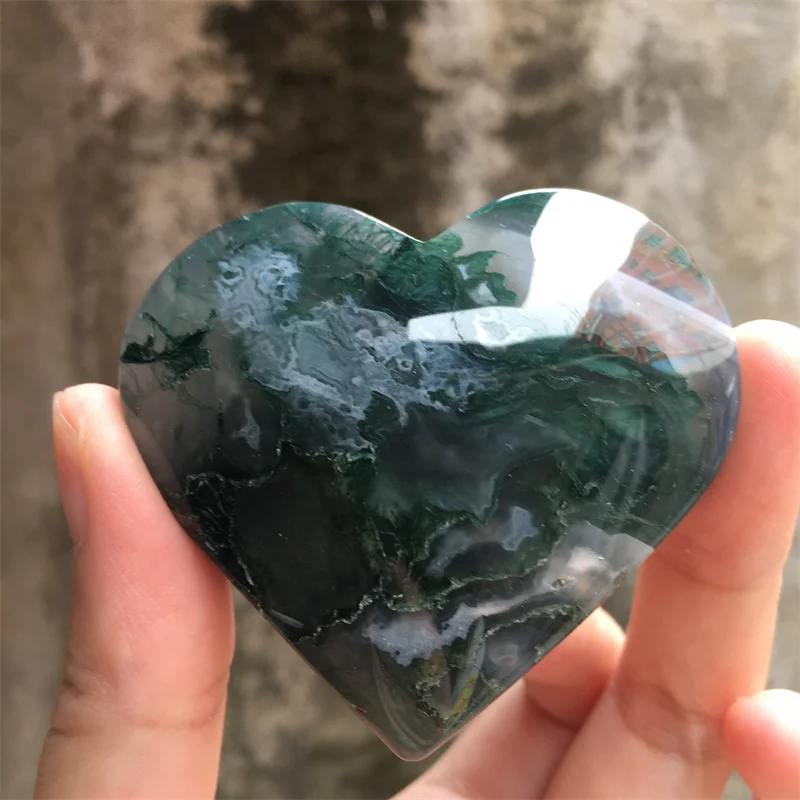 55-65mm Natural Green Moss Agate Carved Heart Healing Crystal Stone Hearts Reiki Energy Love For Aesthetic Room Decor