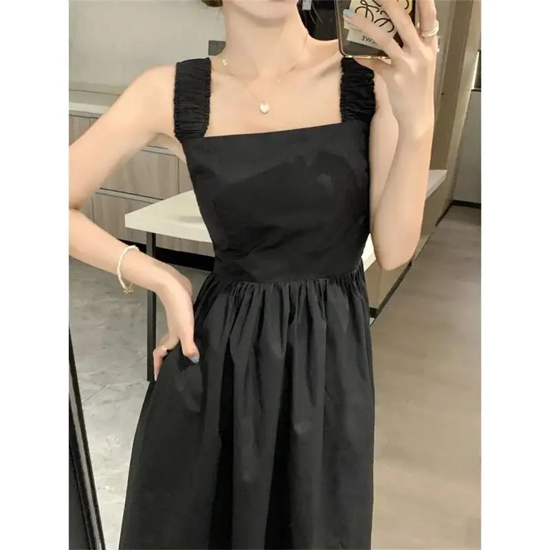 Sleeveless Dresses Summer Women Spaghetti Strap Sweet Simple 3 Colors College Beach Leisure Korean Chic Retro Temperament Slim