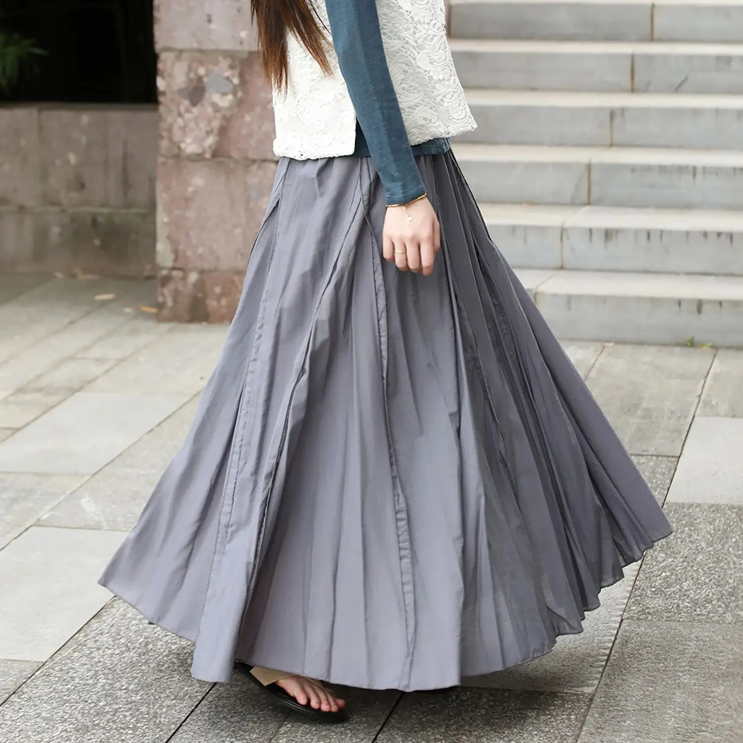 

LZJN Elastic Waist Autumn Skirt with Flowy Double-Layered Full Design; Elegant Ultra-Draped Beach Skirt in Solid Color