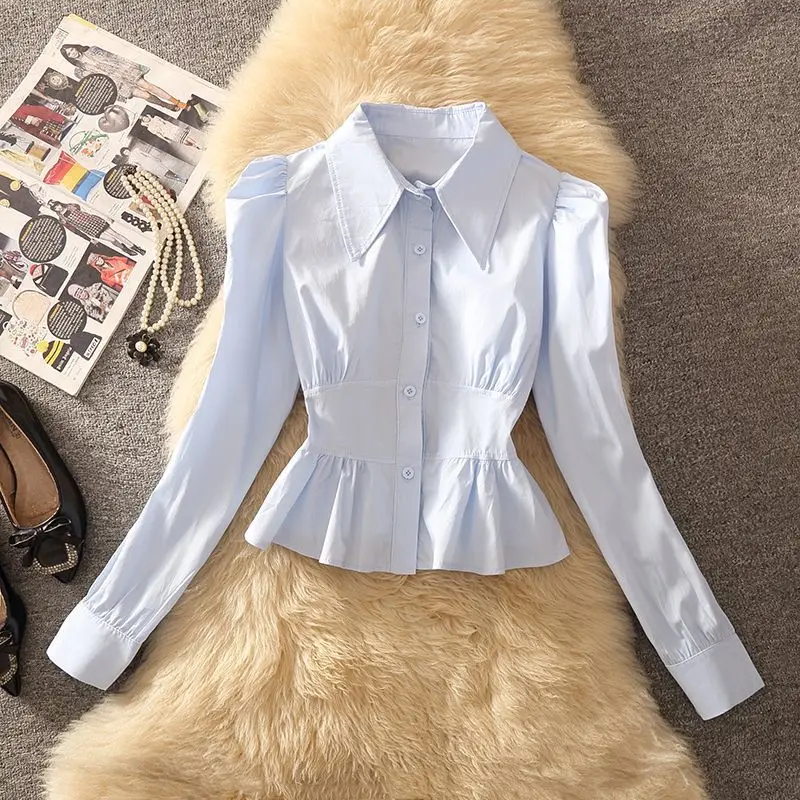 

Ele Doll Collar irt Женский модный облегающий длинный све с пузырьковым светом на талии, очаровательный топ French Sle