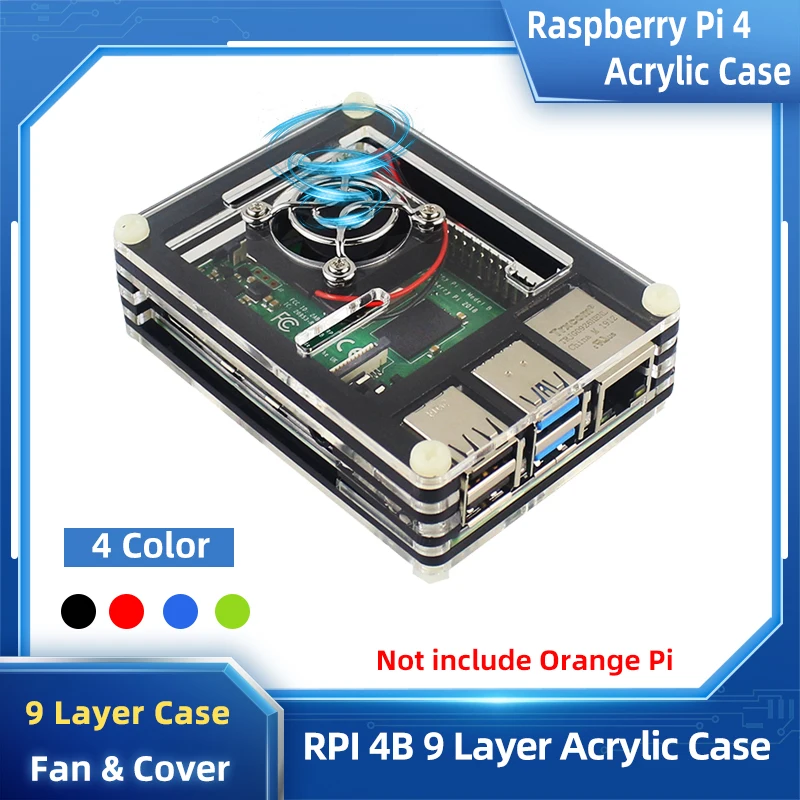 Raspberry Pi 4 Model B 9-warstwowa obudowa akrylowa Przezroczyste pudełko Czarna obudowa |   Wentylator chłodzący |   Pokrowiec Matel na Raspberry Pi 4
