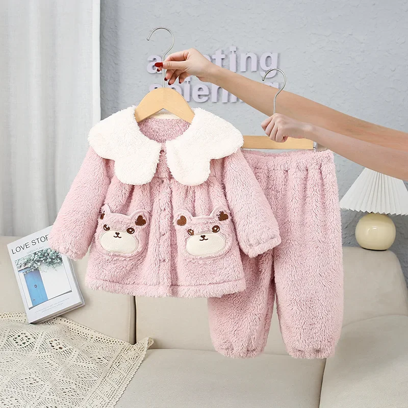 2024Baby Girl Long-Sleeved Two-Piece Suit Autumn and Winter Sets New Kids Children's Home Clothes Warm and Comfortable Outgoing