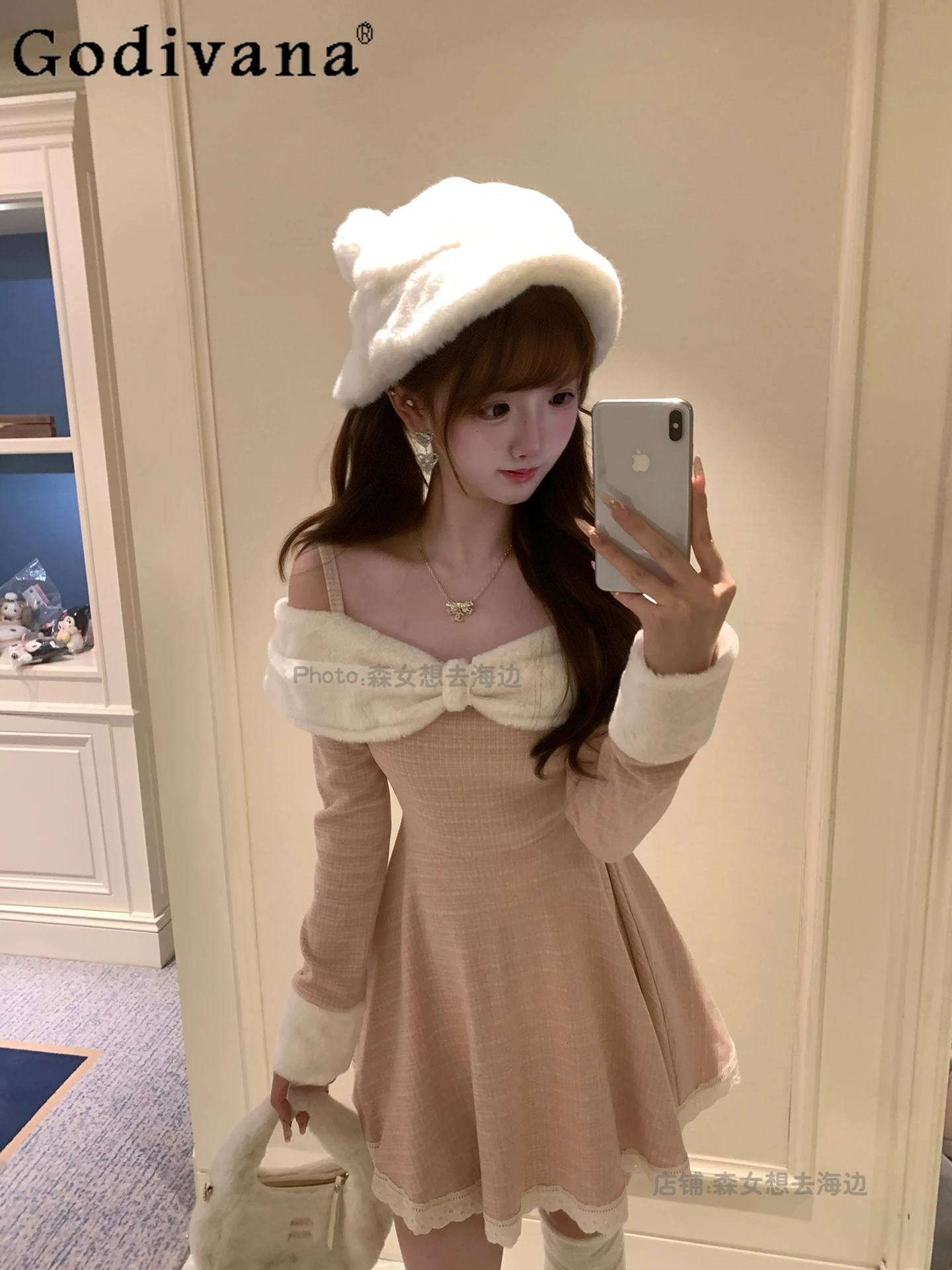 

Japanese Style Girl Original Lolita Sweet Cute Pink Dress Off-Shoulder Long Sleeve Versatile Doll Style Dress