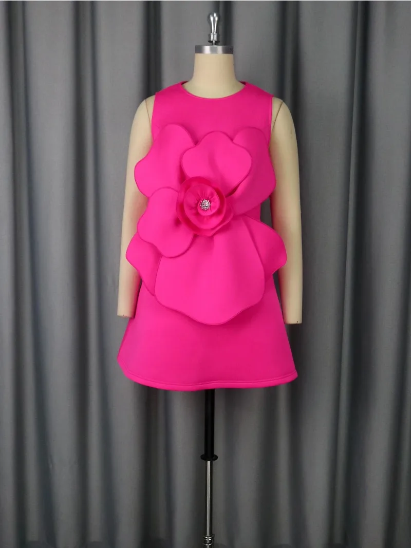

Rose Short Dresses For Women O Neck Sleeveless High Wasit 3D Flower Diamond Elegant Fashion Wedding Guest Gowns Date Out New2025