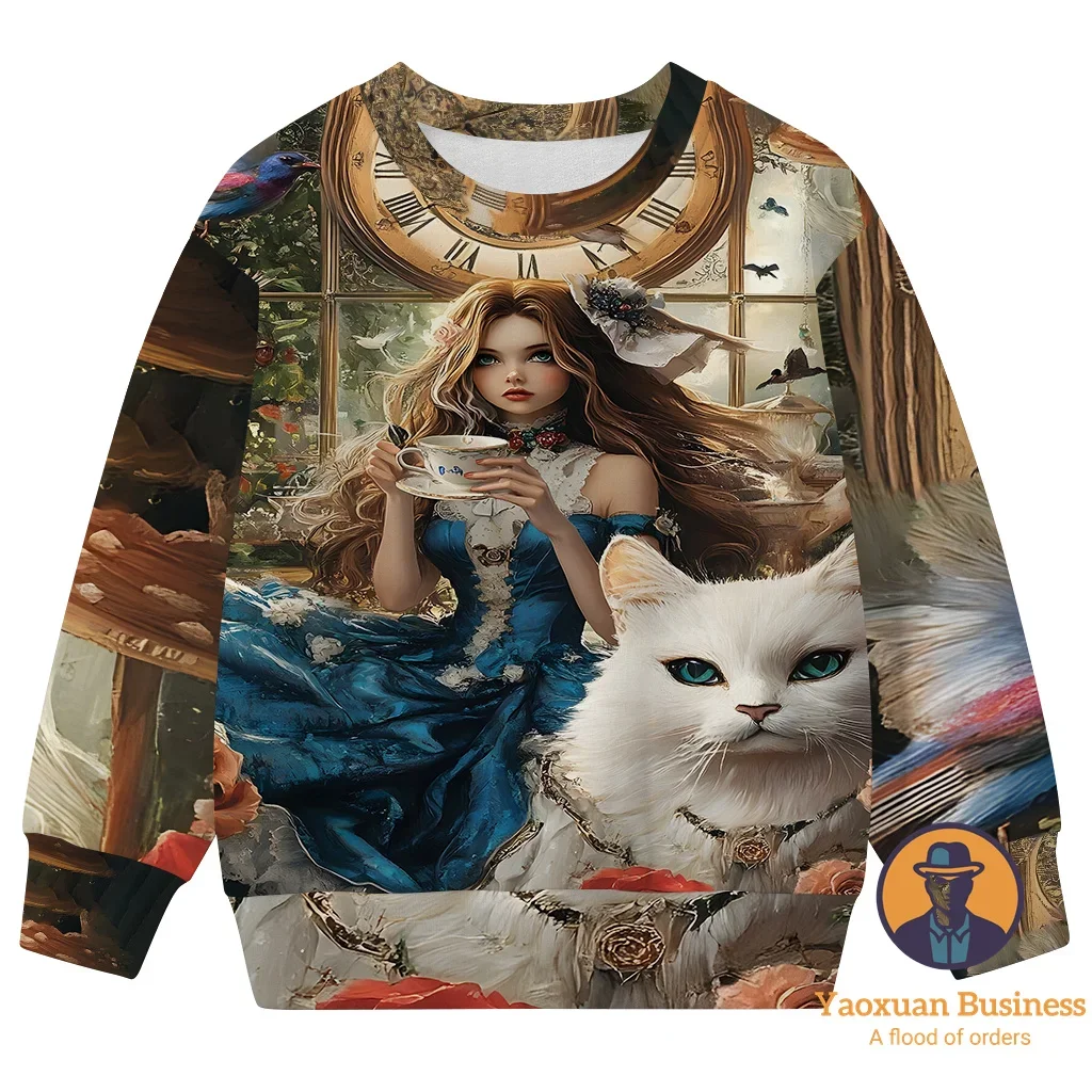 

2025 New Arrival White Alice In Wonderland Kids Boys Girls 3D Cartoon Printed Crew Neck Sweatshirt Cute Windproof Warm Autumn