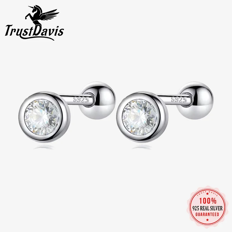 Trustdavis Real 925 Silver Fashion and Fresh Round CZ Screw Beads Stud Earrings for Women Daily Wear Jewelry Gift DS98