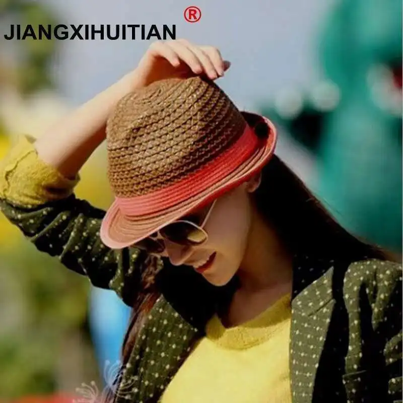 2017 de Moda de Verano de Paja Sombreros de Sun de Las Mujeres Fedora Del Sombrero Flexible Del Gángster Cap Beach Summer Sun Paja Sombrero Panamá con Ribbow Banda sombrero para el sol