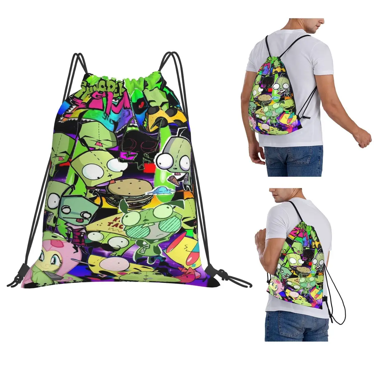 

Invaders Zims Anime Cartoon Alien Backpacks Multi-function Drawstring Bundle Pocket Sports Bag Book Bags for Travel Students