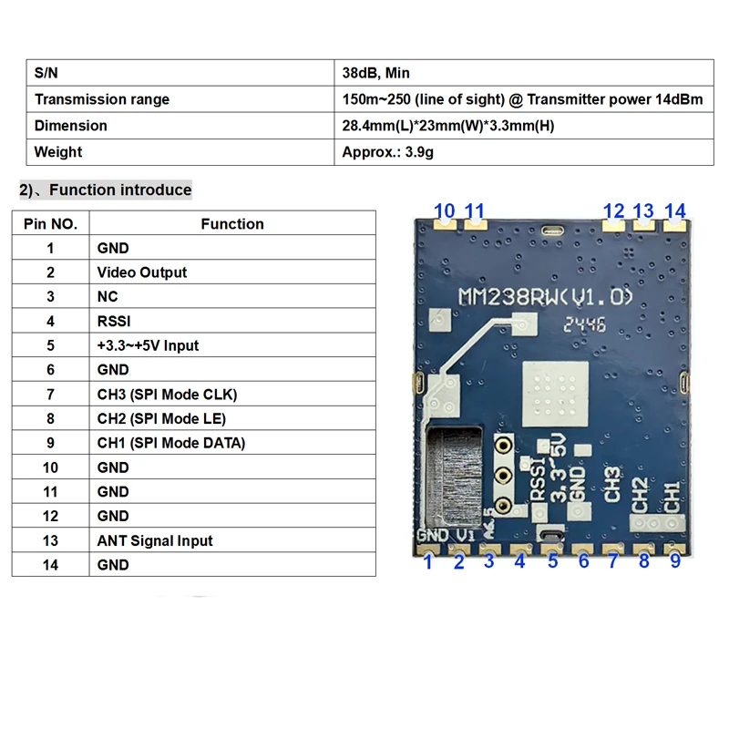 MM238RW VRX FPV Image Transmission Receiver Module 0.7~2.2V RSSI Output 4.9G 5.8G 6G Wireless VRX 4867~6060MHz for RC FPV Model