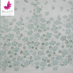 1 Yard Mint Green Beads Lace Tulle Fabrics With Sequins Embroidery For Wedding Dress Fabric HY1733-9