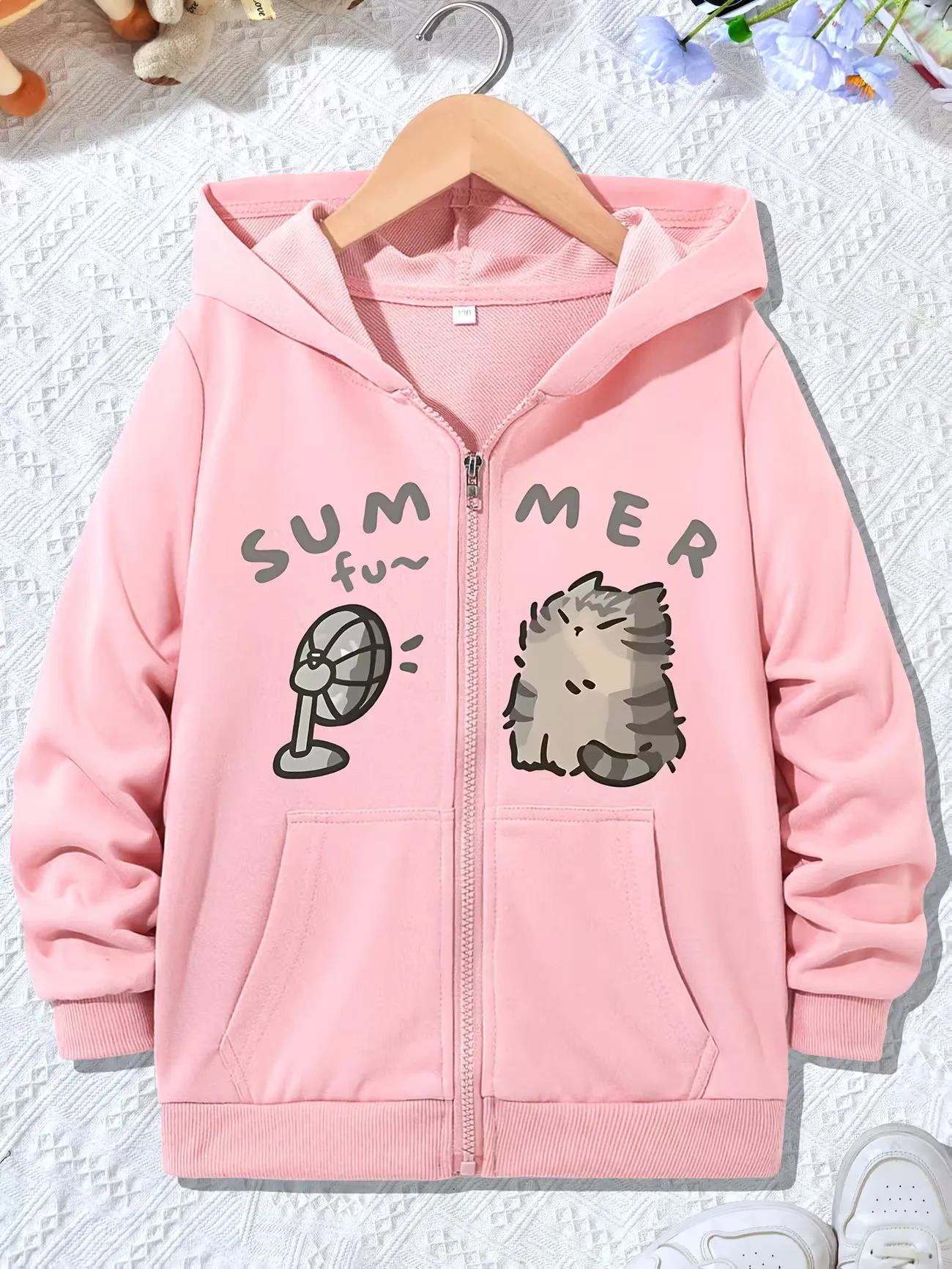 Funny Summer Fan Cat Print Casual Hoodie Zip Up Jacket for Boys Girls Zipper Winter Autumn Trendy Cartoon Cat Sweatshirts