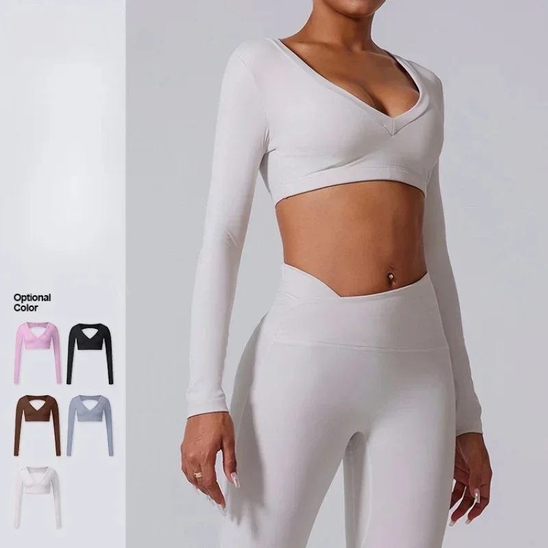 Sports Long Sleeve Yoga Shirts Sexy Deep V-Neck Shaping Tops Back Hollow Short Fitness T-shirt Outfit Gym Running Workout Tops