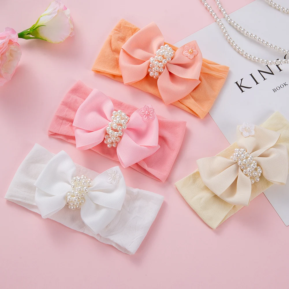 Solid Nylon Baby Headbands Pearl Knotted Grosgrain Ribbon Hair Bows Hairbands Newborn Boys Girls Headwraps Headwear Accessories