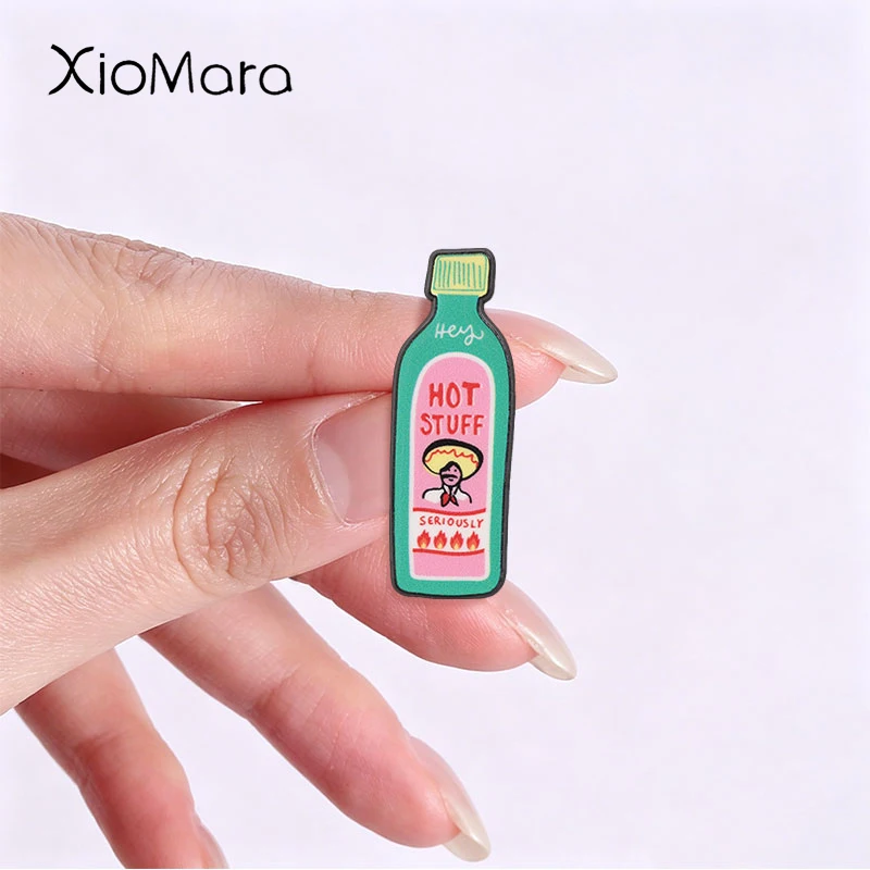 Cute Cartoon Hot Sauce Bottle Enamel Pins Hot Stuff Seriously Metal Brooches Fashion Lapel Badge Backpack Clothes Jewelry Gift