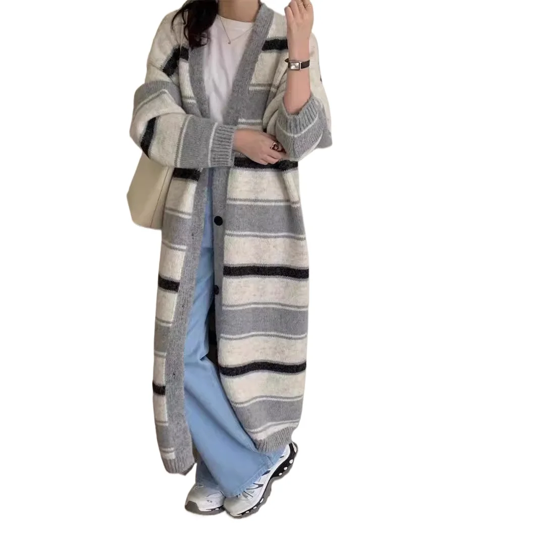 2026 Temperament Special Elegant New Autumn Striped Long Knitted Cardigan Jacket Fashionable Lazy Style Loose and Thin Sweater