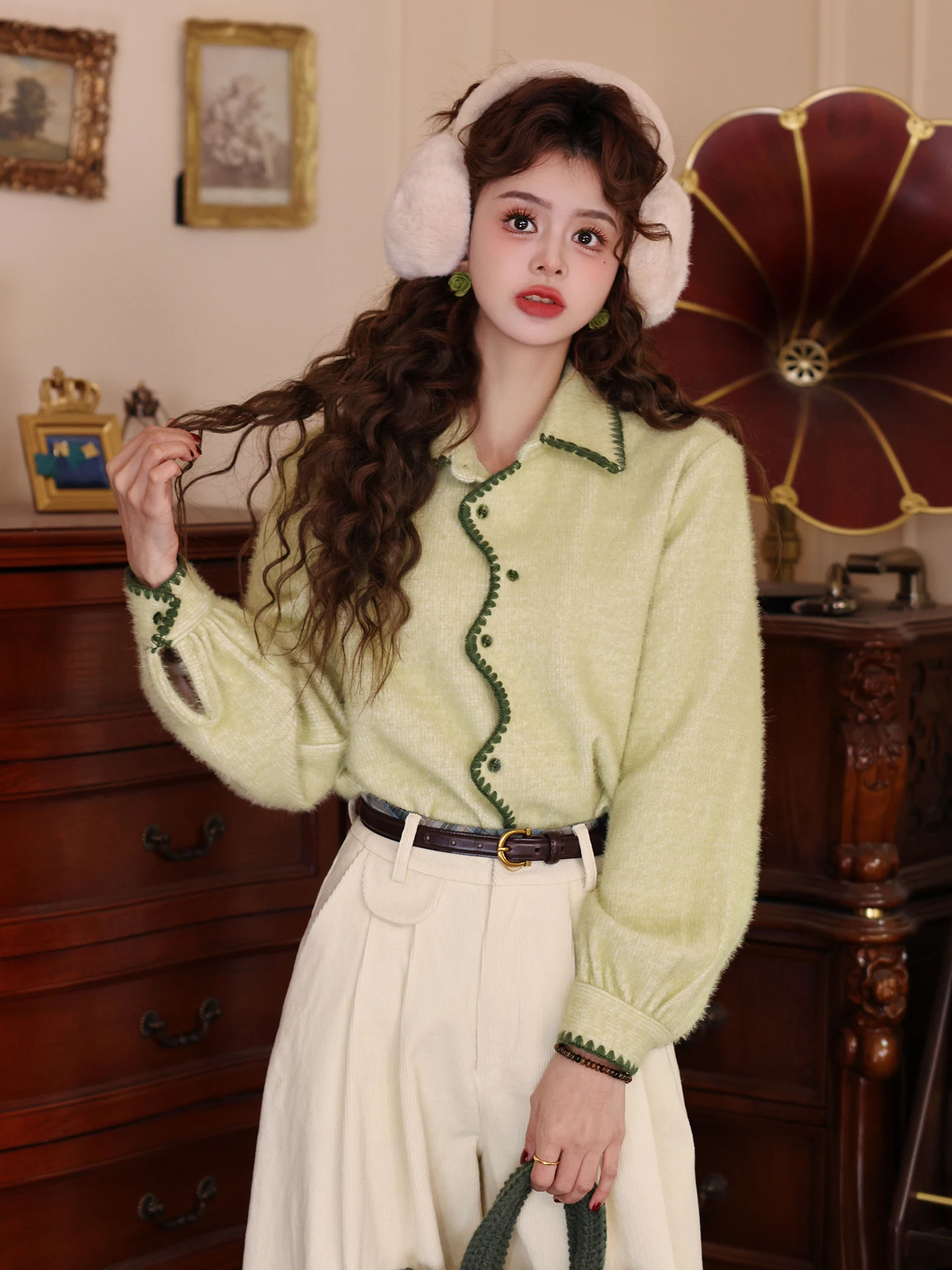 

Chen Jiajie Bamboo adow Staircase Vintage Hong Kong Sle Long Sve Knitted Thi Casual Women's irt Autumn Winter New ...