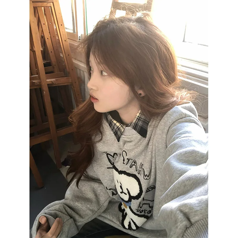 

Ретро-американский свитшот для женщин с круглым вырезом и принтом милого щенка, свободный крой, осенне-зимняя новинка, повседневный топ