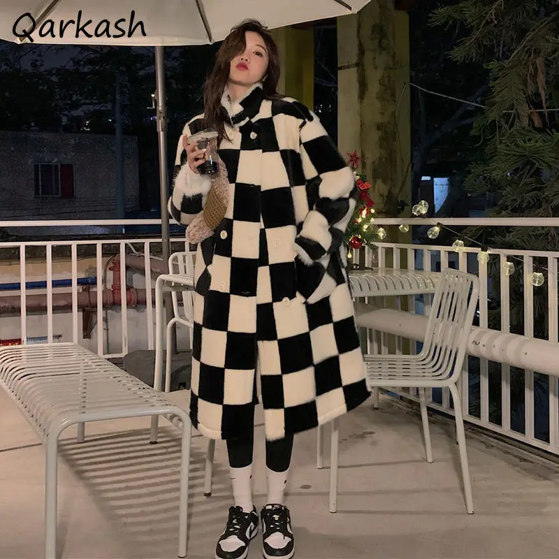 Jackets Women Long Style Plaid Harajuku All-match Double Breasted Design Daily Elegant Feminino Outwear Ins Stand Collar Simple