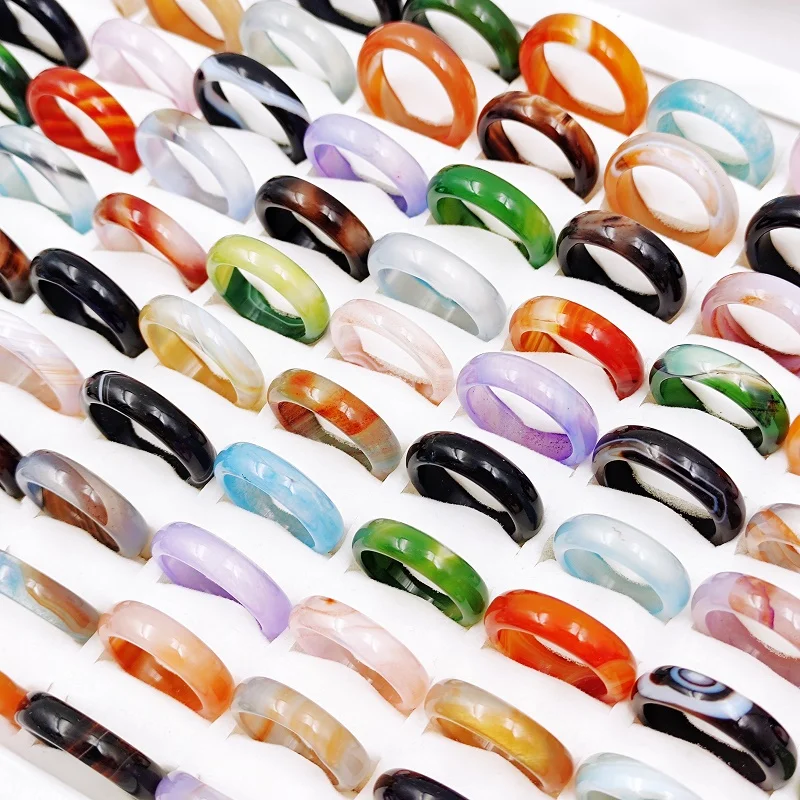 50Pcs/Lot Vintage Multicolor Natural Stone Agate Rings for Men and Women Mix 6MM Carnelian Wedding Ring Charm Jewelry Wholesale