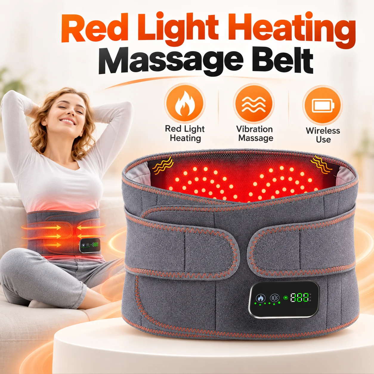Red Light Heating Massage Waist Belt Rechargeable Lumbar Support Wrap with 3 Heat Levels Vibration Massage for Back Comfort