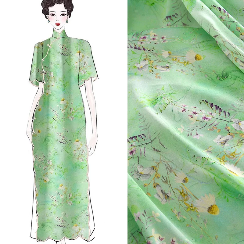 

Приятная для кожи ткань из вискозы для самостоятельного шитья Летняя одежда платье чонсам, цветочный принт свежего зеленого цвета, ширина 145 см 200 г/м R541