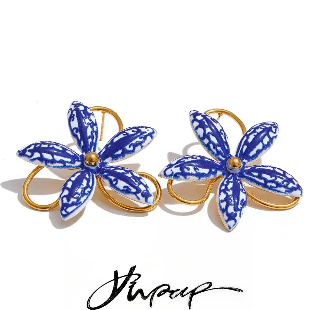 Yhpup Stainless Steel Blue Imitation Ceramic Flower Stud Earrings for Women Summer Daily Fresh Gold Color Popular Europe Jewelry