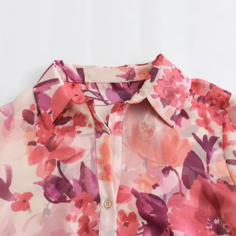 Tangada 2024 Women Pink Flowers Print Loose Blouses Long Sleeve Female Shirts Tops 6X061