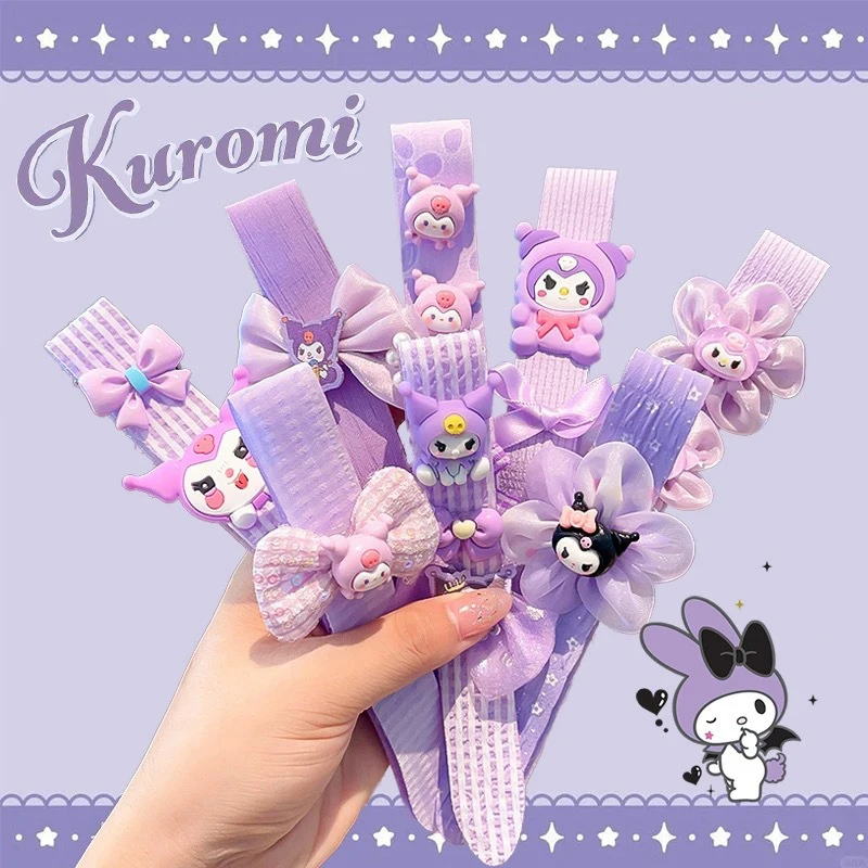 1pcs Kawaii Cute Kuromi Stretch Bow Hair Tie ForKids My Melody Double Ponytail Leather Band HairAccessories Student Gift