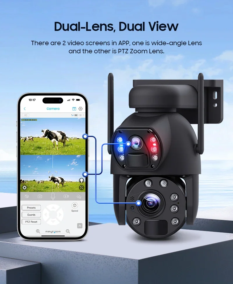20-кратный зум, двумя объективами, двойной обзор, 6 Вт, питание от солнечной батареи, PTZ-камера Ubox, 4G, WIFI, 6 МП, уличная беспроводная камера с лазерной подсветкой