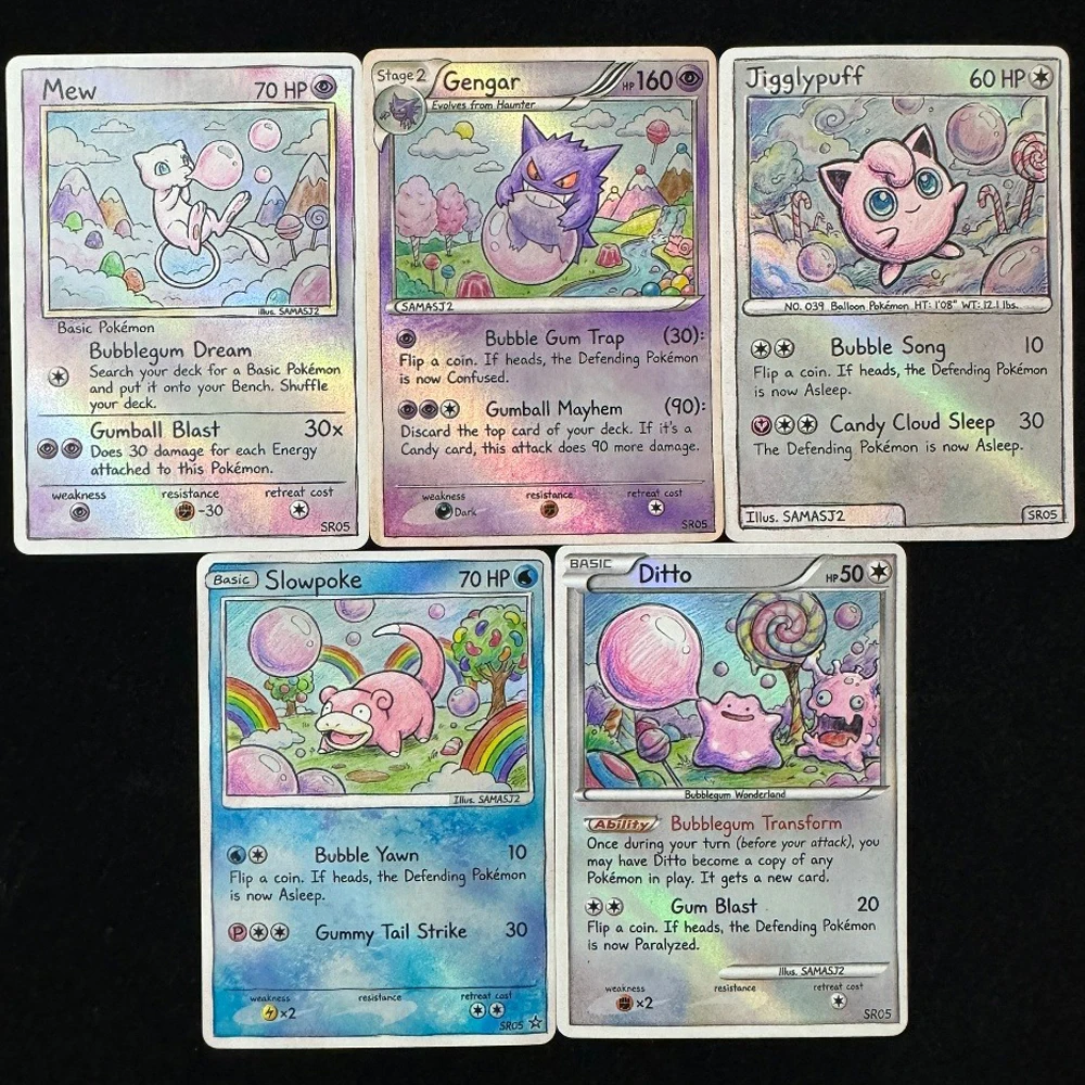 Pokemon PTCG-Karten im farbigen Bleistift-Kunststil, Gengar, Mew, Jigglypuff, Slowpoke, Ditto, Sammelkarten, seltene Holo-Karten, Pokemon-Geschenk
