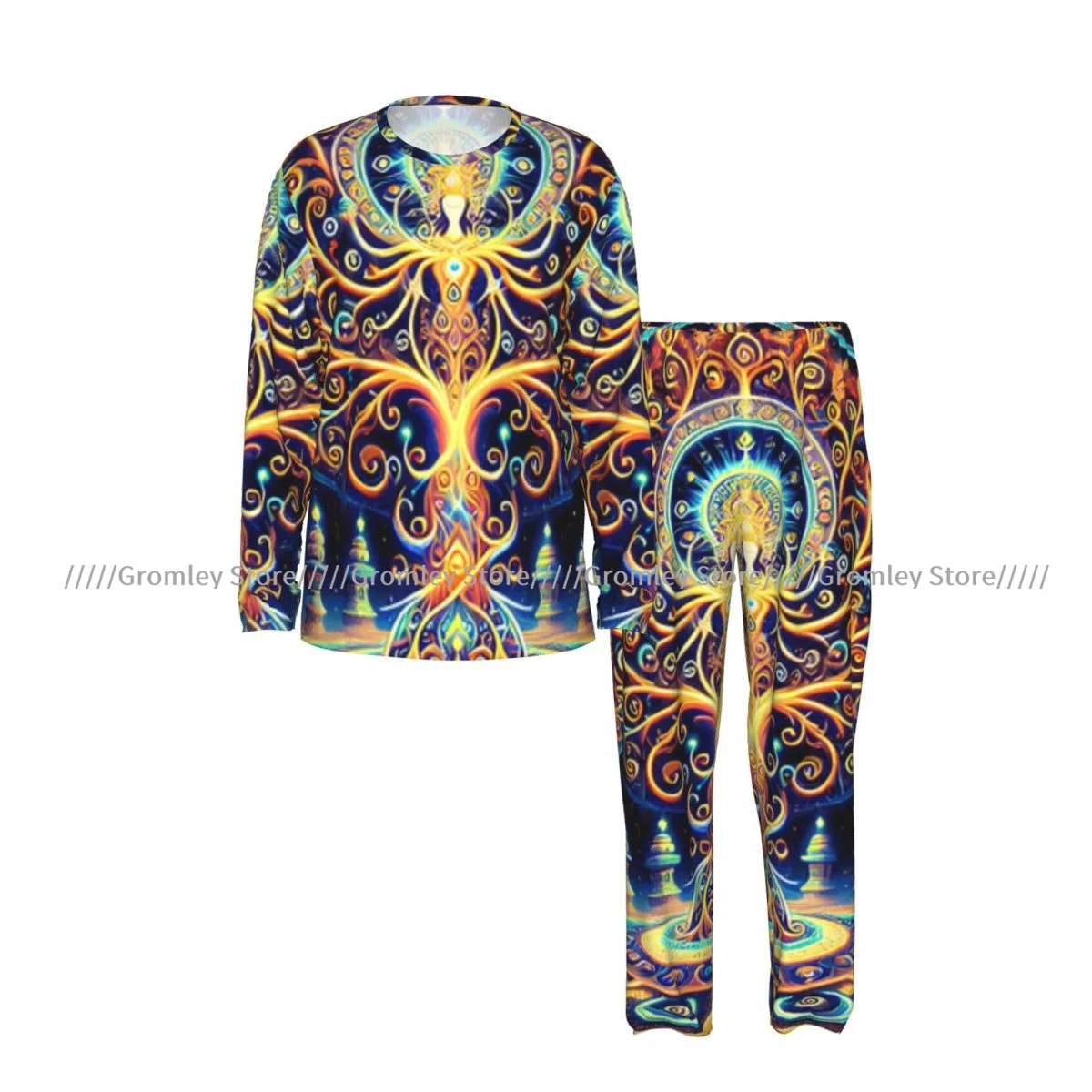 Men's Pajama Set Long Sleeve and Long Pants Mandala Of The Mosque Colorful Illustration Soft Sleepwear for Home