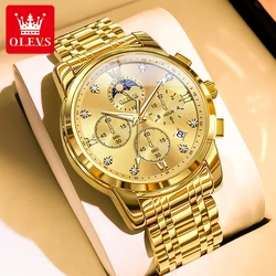 OLEVS 3655 Luxury Brand Men's Watches Moon Phase Chronograph Quartz Watch for Man Gold Stainless Steel Luminous Original Watch