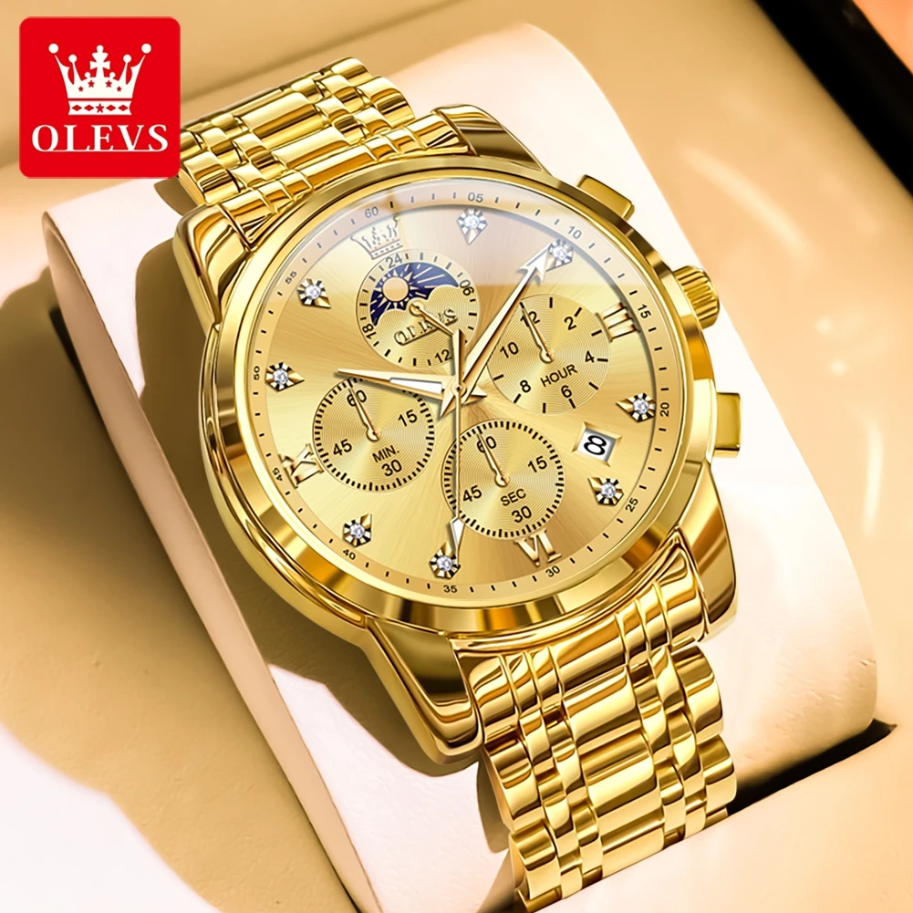 OLEVS Top Luxury Brand Men's Watches Moon Phase Chronograph Quartz Watch for Man Gold Stainless Steel Luminous Original Watch