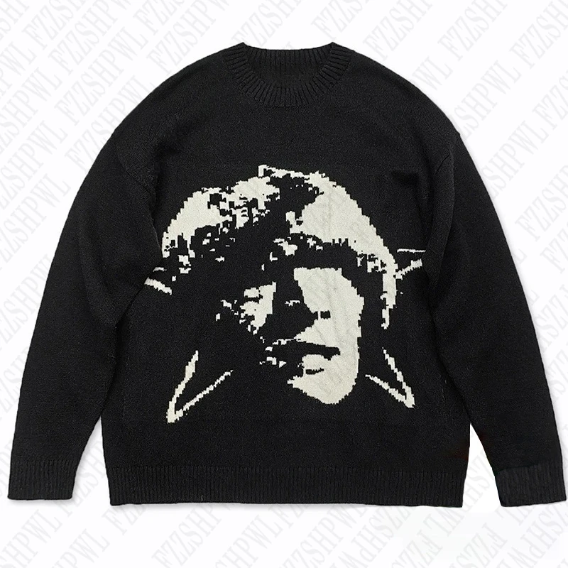 Oversized Harajuku Graphic Print Aesthetics Men Acrylic Y2k Clothes Vintage Pullover Grunge Goth Punk O-Neck Knitted Sweater Top