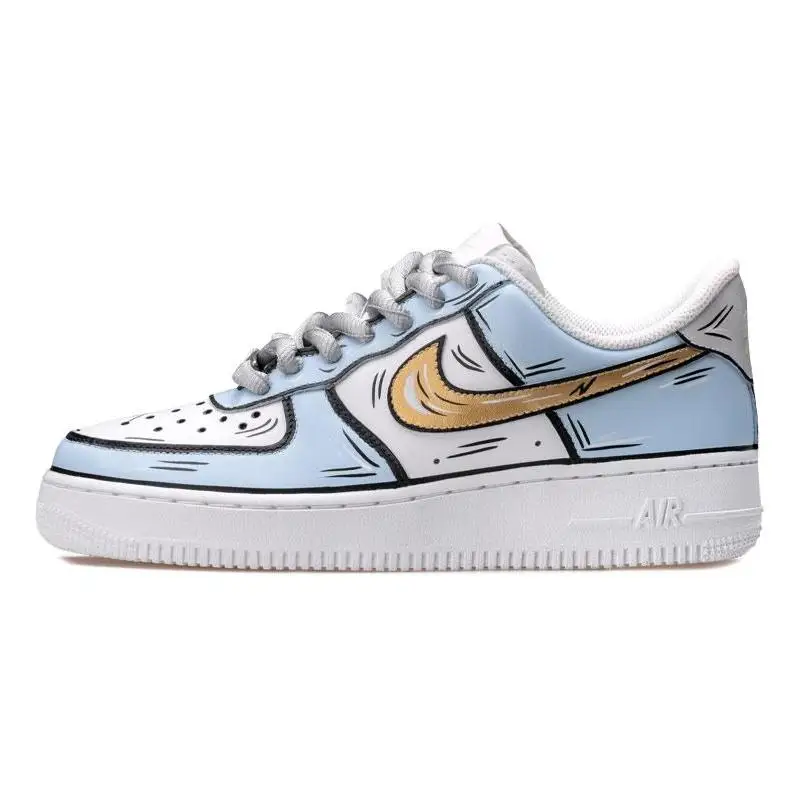 

[На заказ Frozen 2D синий и белый] Мужские туфли для скейтборда Nike Air Force 1, низкие кеды, синие, серые