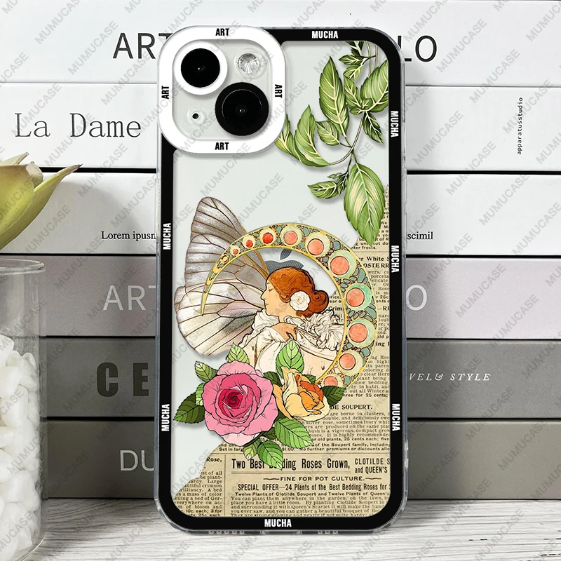 Funda para iPhone 16 15 14 13 12 11 Pro Max Mini XS X XR SE 7 8 Plus cubierta suave Alphonse Mucha Art