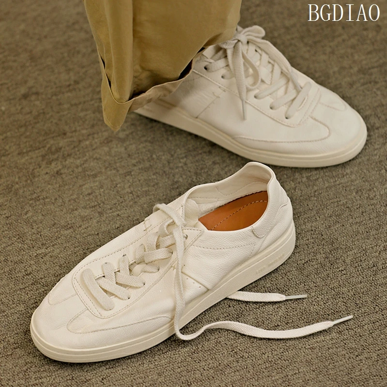 

Versatile Summer Thin Leather Low Top Soft Cowhide Flat Bot Sneakers ex Casual oes Breathable round Toe Rubber Sole