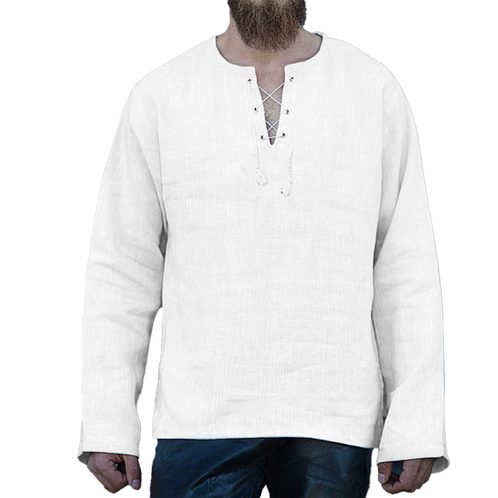 

Retro V Neck Lace Up Casual Shirt Tee for Men Long Sleeve Baggy Tops Blouse Plain Design Available in a Variety of Colors