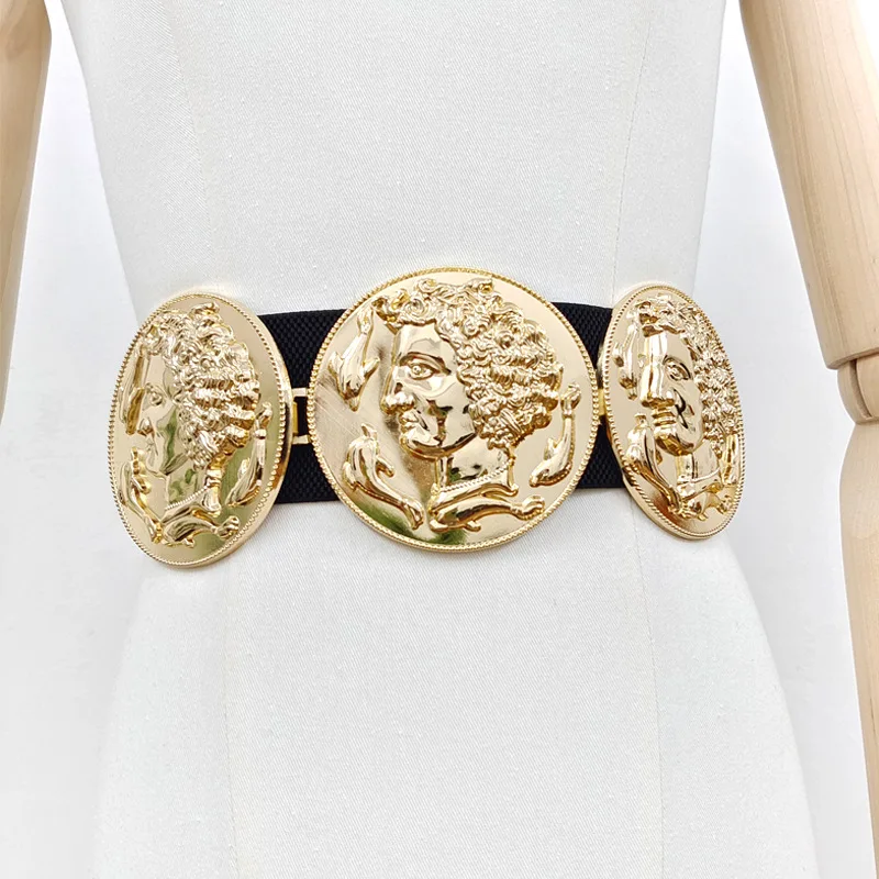 Ladies Shiny Gold Tone Big Round Coin Buckle Metal Belt Queen & Dophin Stretch Dress Belt For Women Fashion Accessory