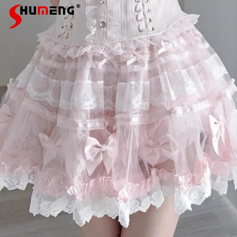 

Japanese Mines Style Mass-production Sweet Cute Girl Lolita Skirt Elastic High Waist Bow Puffy Cake Ruffle Short Skirts Women