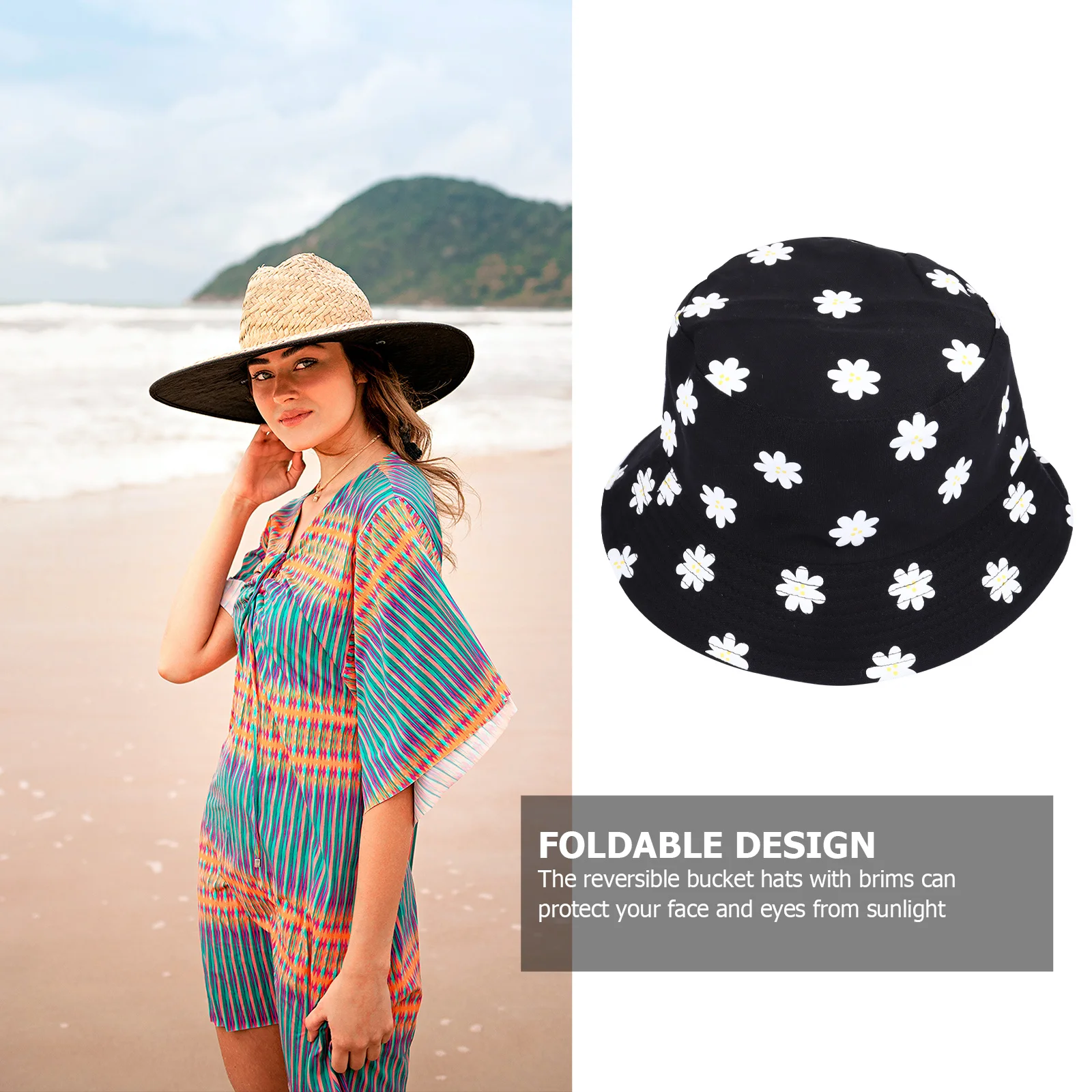 

Flower Printed Reversible Bucket Hat Antiuv Wide Brim Foldable for Women Men Double Side Bucket Hat Fisherman Cap