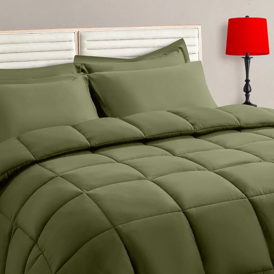 

Olive Green Full Size Comforter Set - 7 Pieces Bed in a Bag Bedding with All Season Soft Quilted Warm Fluffy Reversible Include