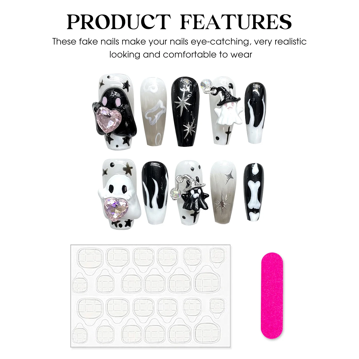 Halloween Style False Nails Black White Handmade 3D Little Ghost Press On Nail Short Or Medium T Fake Nails For DIY Manicure