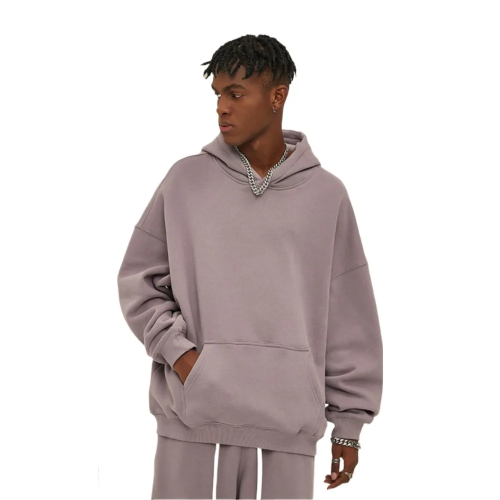 Sudadera con capucha de gran tamaño lila para hombre, ropa de calle informal, sudadera con bolsillo canguro