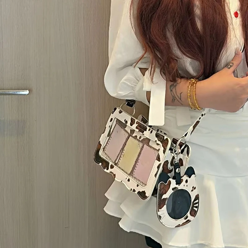 Retro Cow Patterned Square Women's Bag Transparent Layer Leather Zipper Shoulder Bag Fashionable Simple Commuting Handbag New