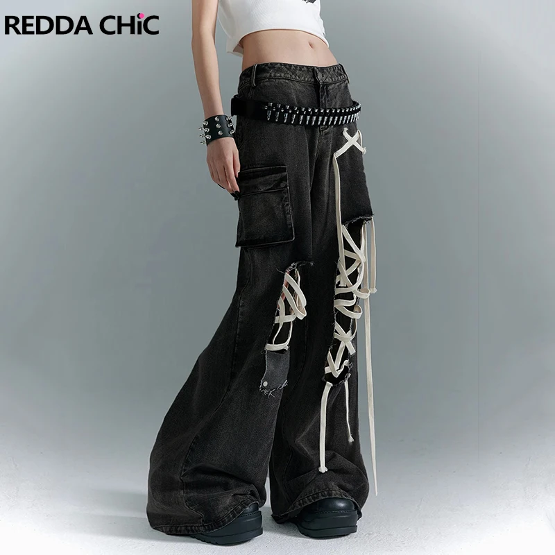 REDDACHiC Ribbon Ripped Hole Baggy Jeans Women Black Vintage Cargo Pocket High Waist Denim Pants Trousers Grunge Y2k Streetwear