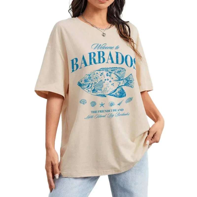 Camiseta Retro con estampado de pez Barbados, Top gráfico a la moda para mujer, camisetas costeras estéticas Y2k, ropa femenina de manga corta de gran tamaño