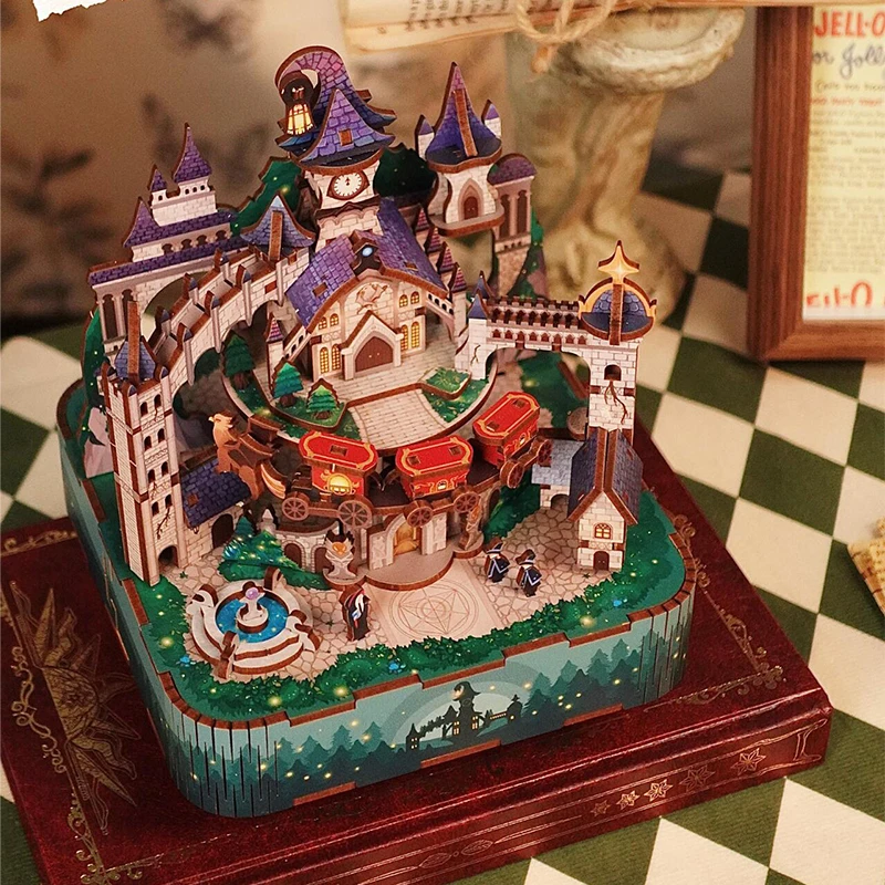 DIY 3D Wooden Magic Castle Music Box Miniature Model Kits Jigsaw Puzzles Train Can Move for Children Birthday Gifts Home Decor